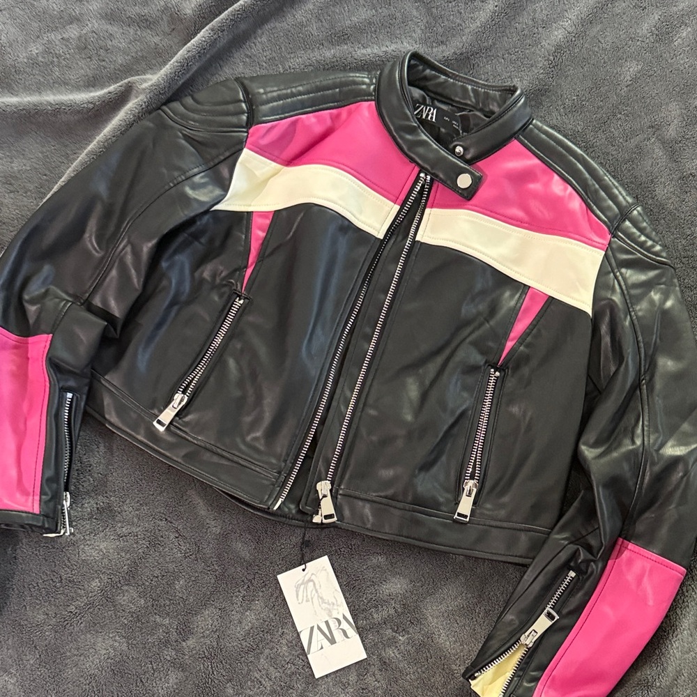 Zara Women's Black, Pink, and White Leather Jacket